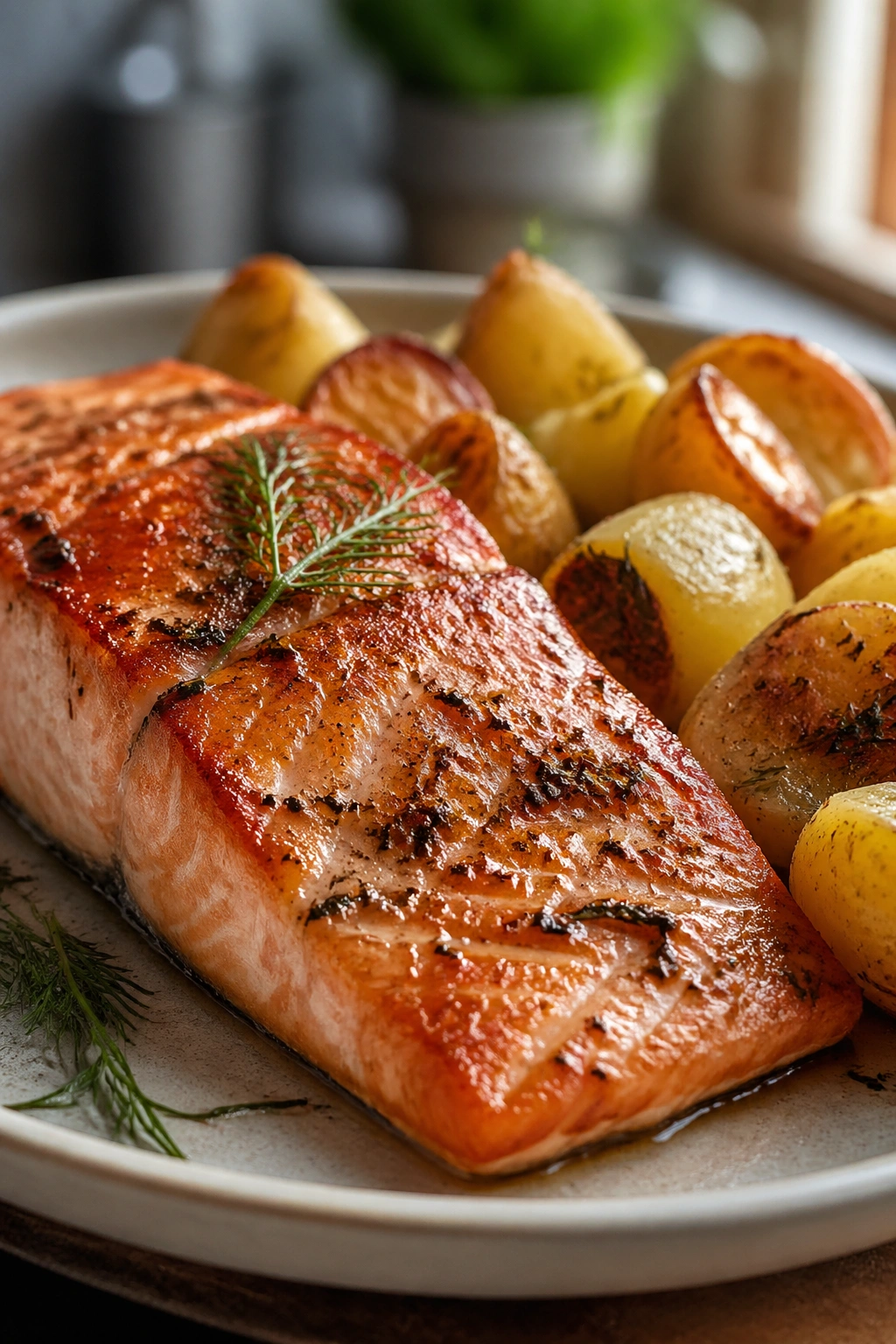 Plate of salmon with roasted potatoes in a warm kitchen