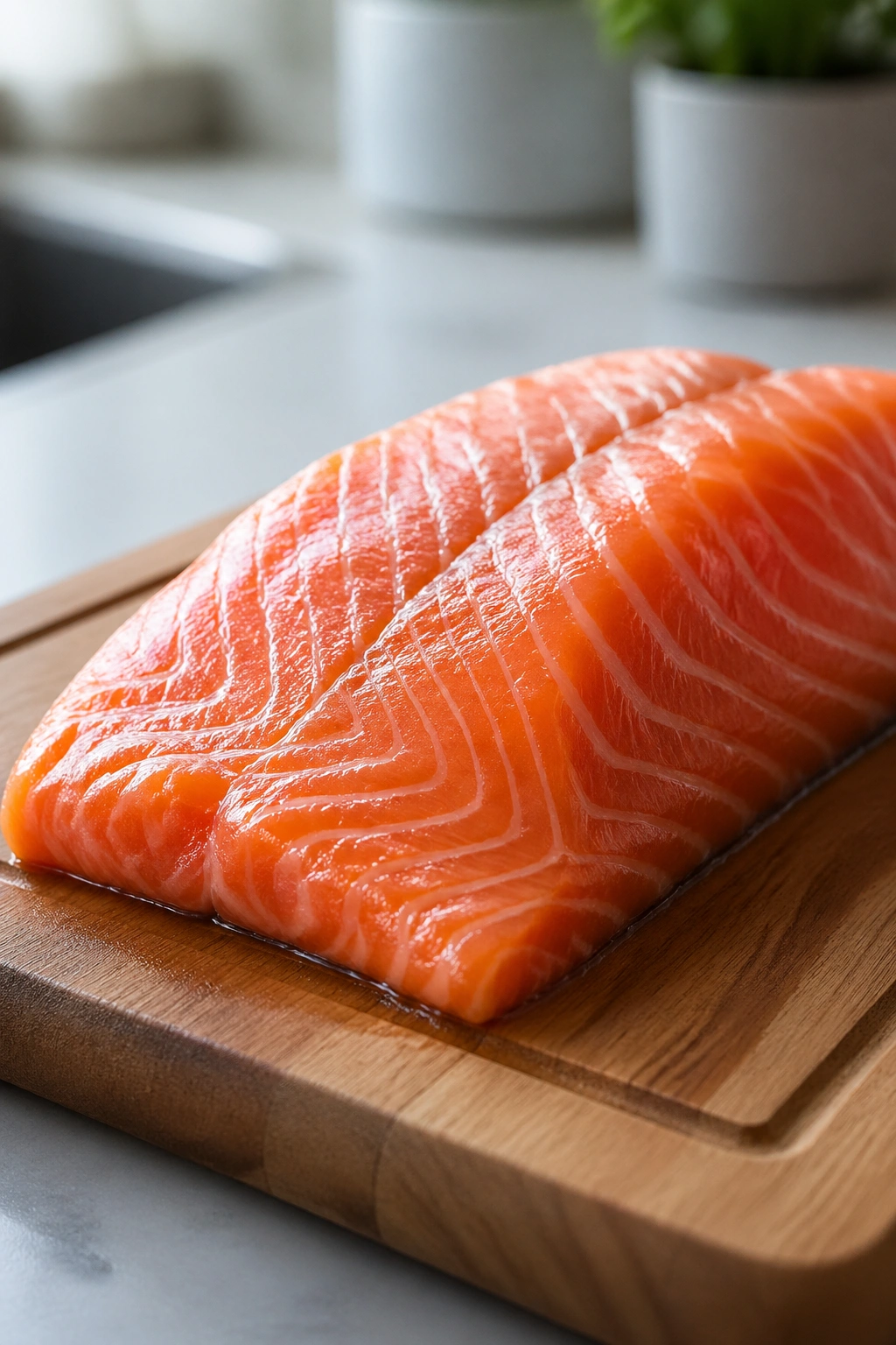 Close-up of a glossy salmon fillet on a cutting board in a bright kitchen