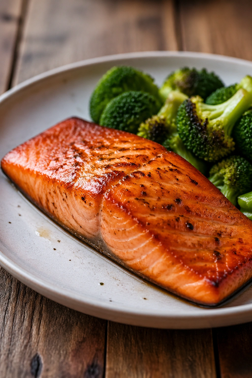 Cooked salmon fillet on a plate with broccoli