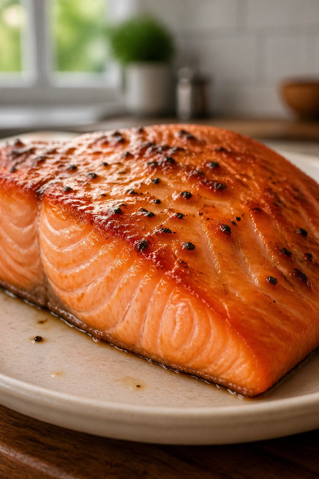 Close-up of a cooked salmon fillet on a plate filling the frame