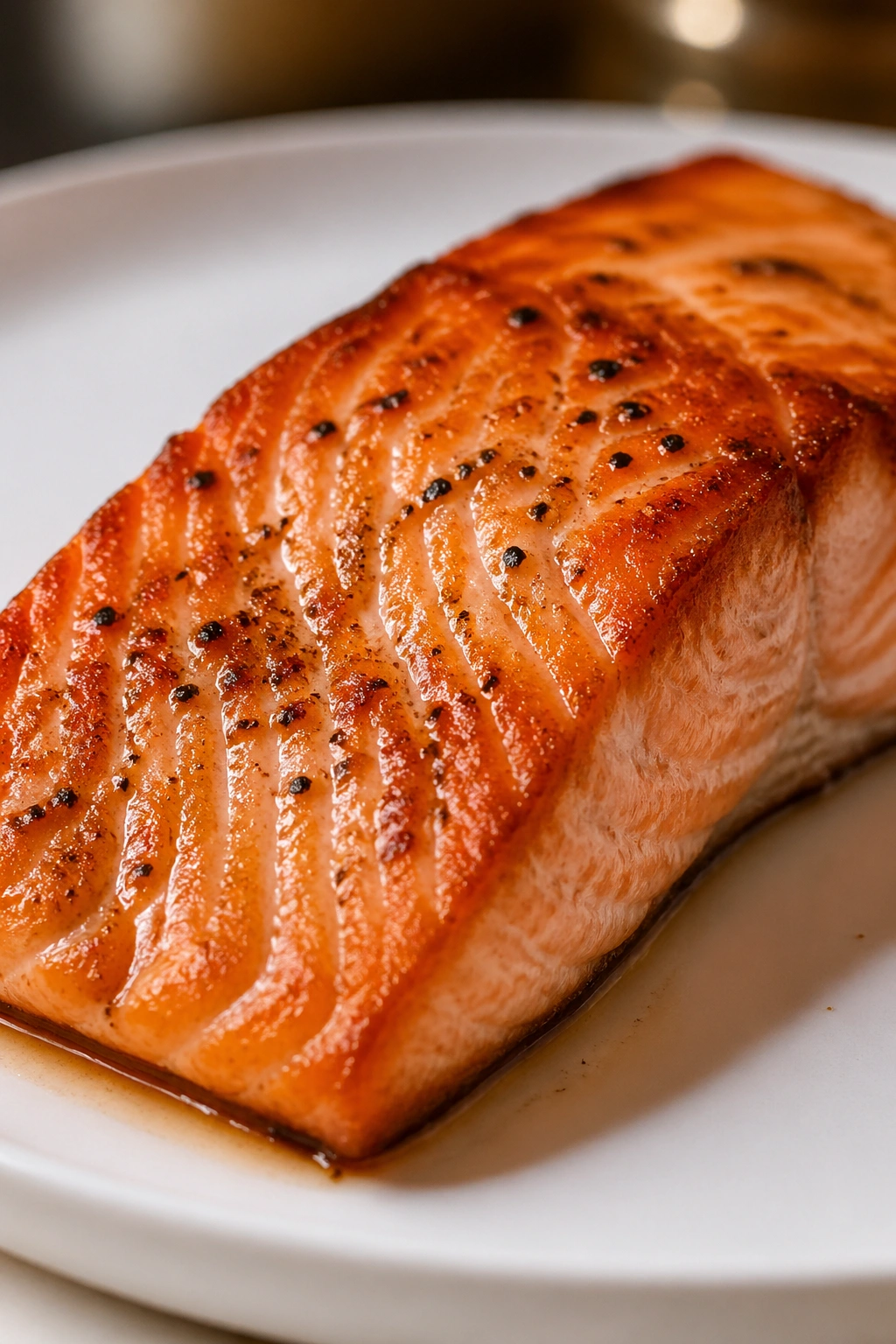 Close-up of pan-seared salmon fillet on a plate for recovery