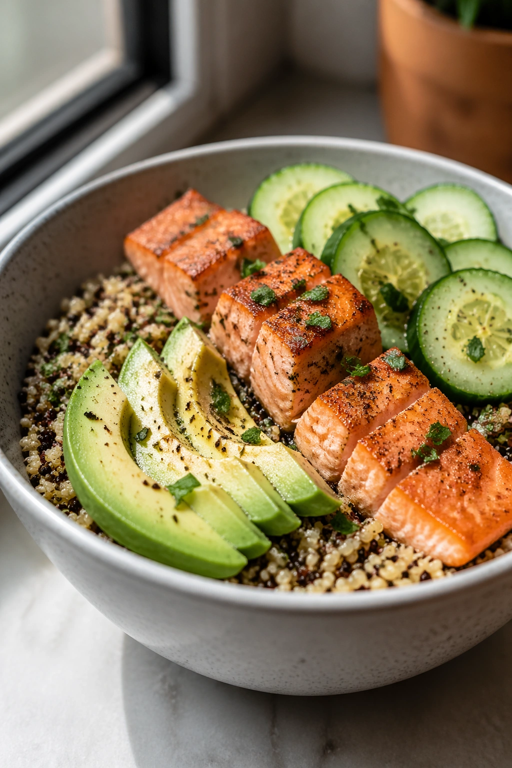 Salmon quinoa bowl with cucumber and avocado on a plate