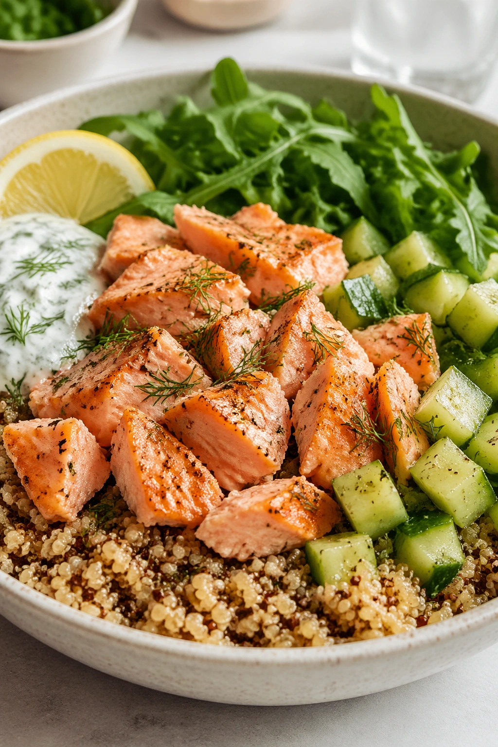 Salmon on quinoa bowl with cucumber and greens in bright kitchen