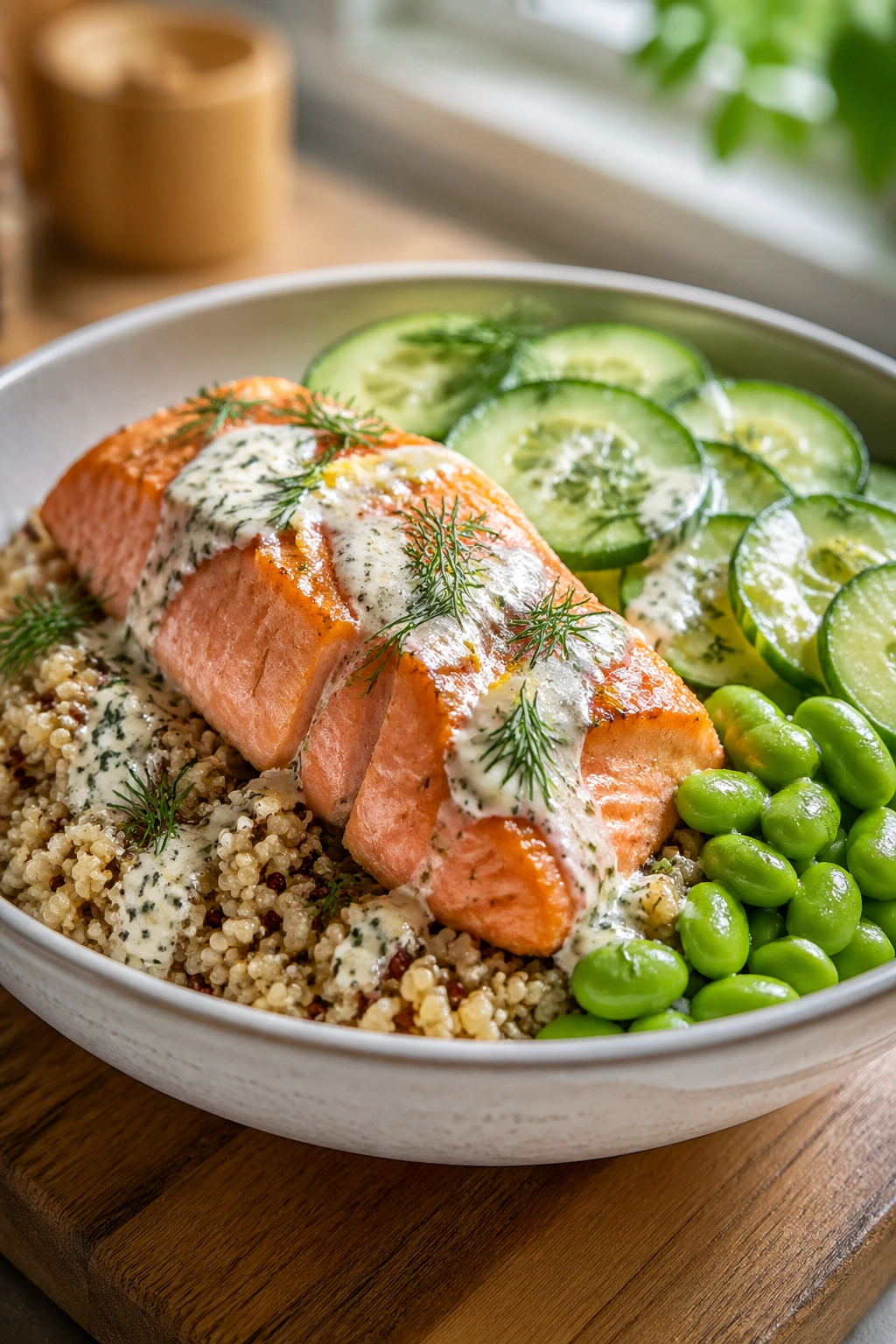 Close-up of Salmon Quinoa Bowl with salmon, quinoa, and edamame