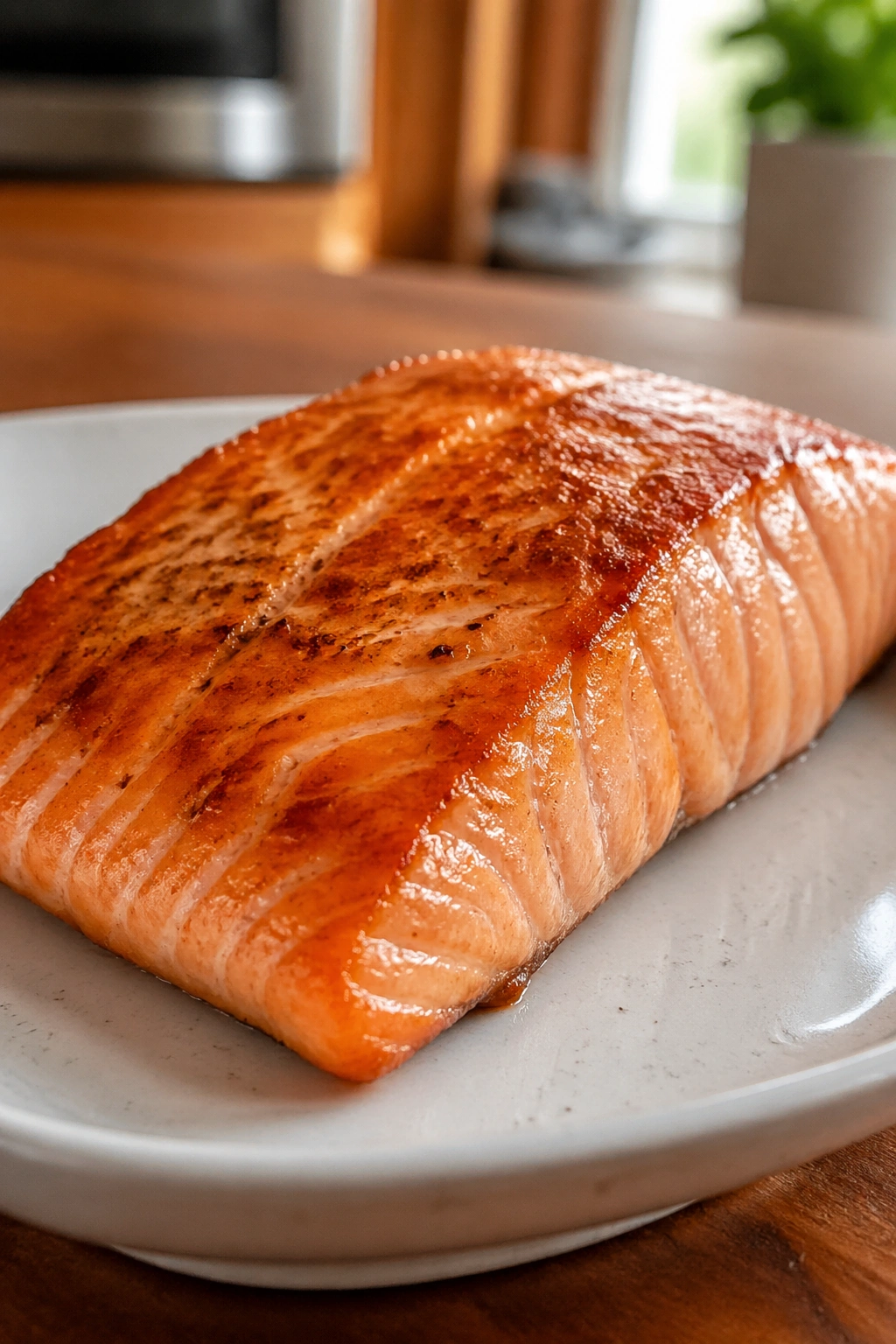Cooked salmon fillet on a white plate in a warm kitchen setting