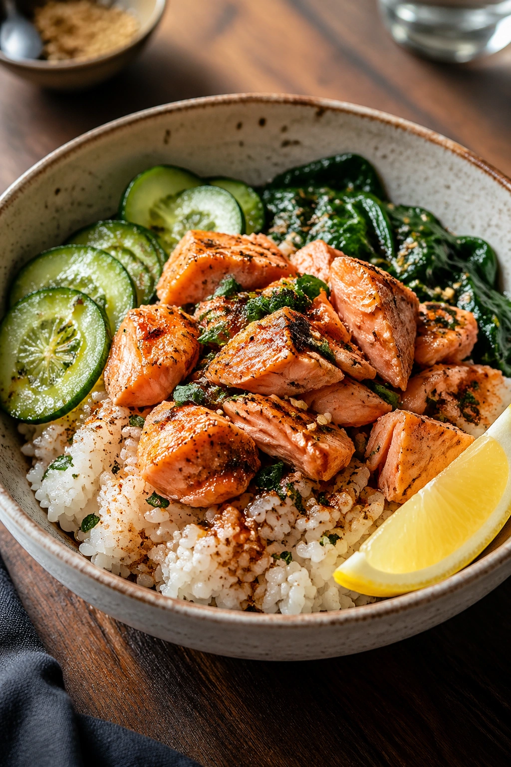 Salmon rice bowl with vegetables, a filling pre-workout meal