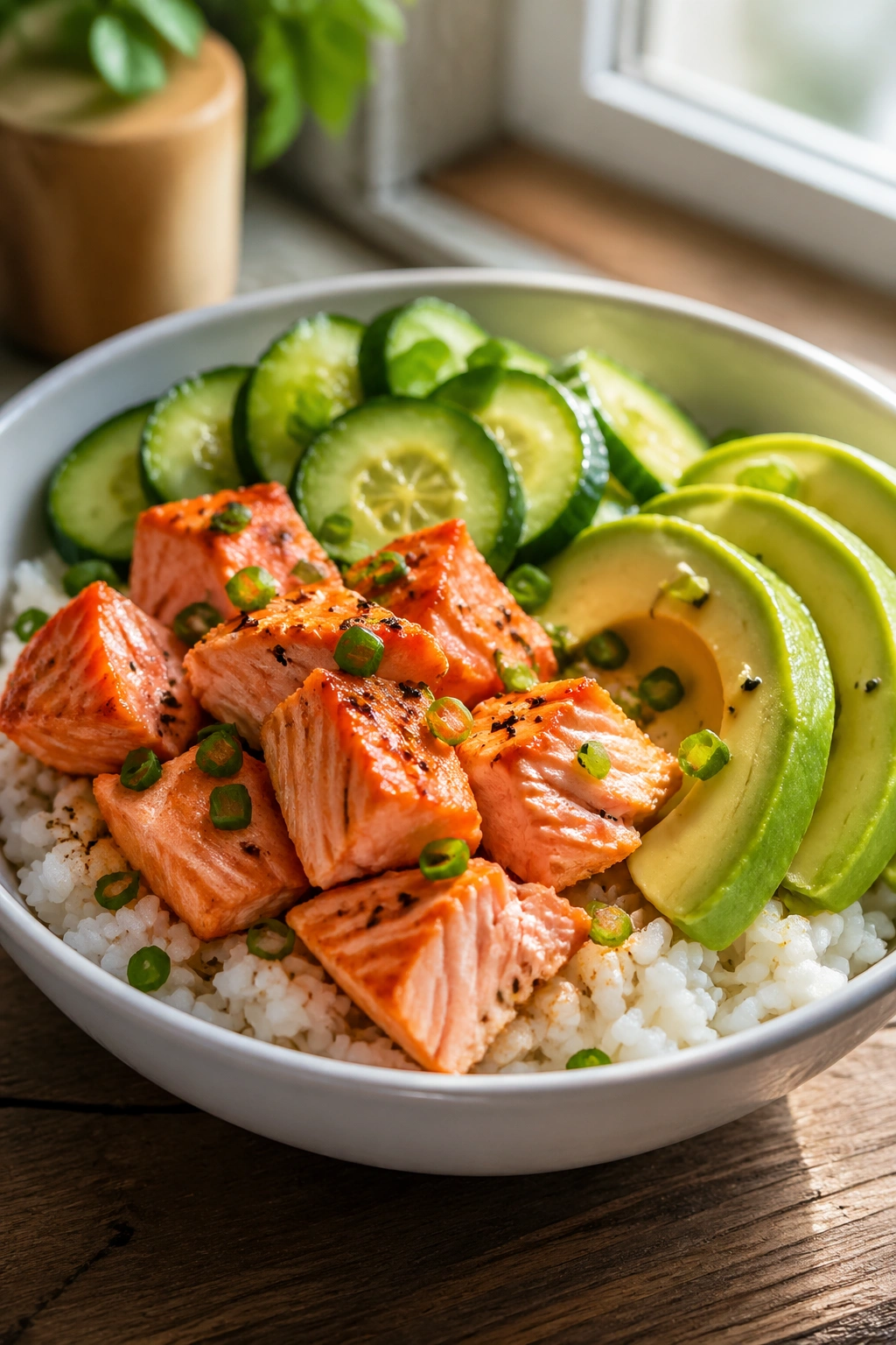 Close-up of a salmon rice bowl with avocado and cucumber in a sunlit kitchen