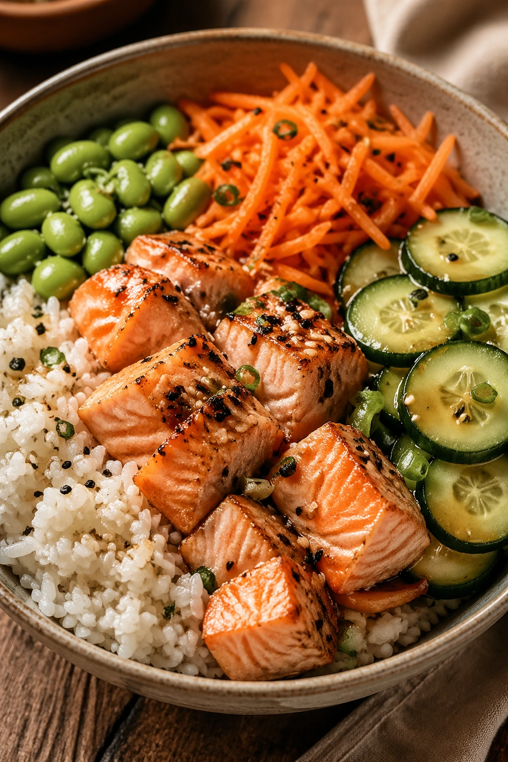 Close-up of salmon rice bowl with cucumber and edamame