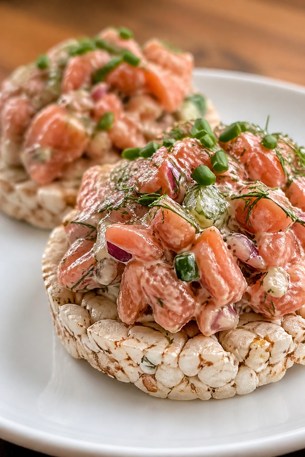 Close-up of two salmon rice cakes on a plate with creamy salmon topping, highlighting texture and omega-3 rich snack