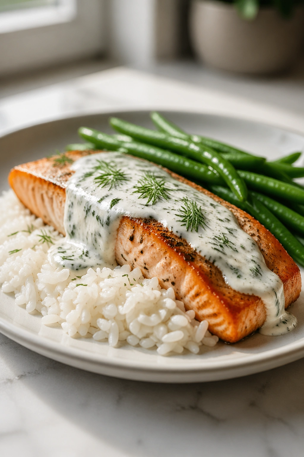 Salmon with rice and green beans on a plate