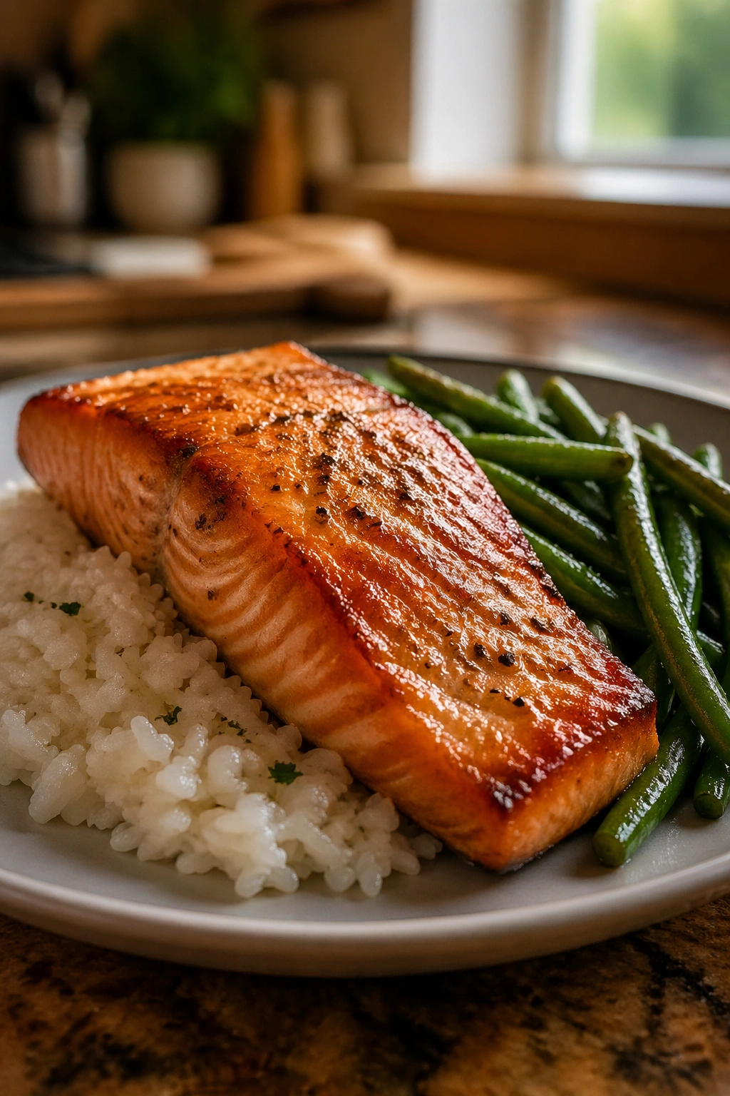 Close-up of a plated salmon with rice and green beans in warm kitchen lighting