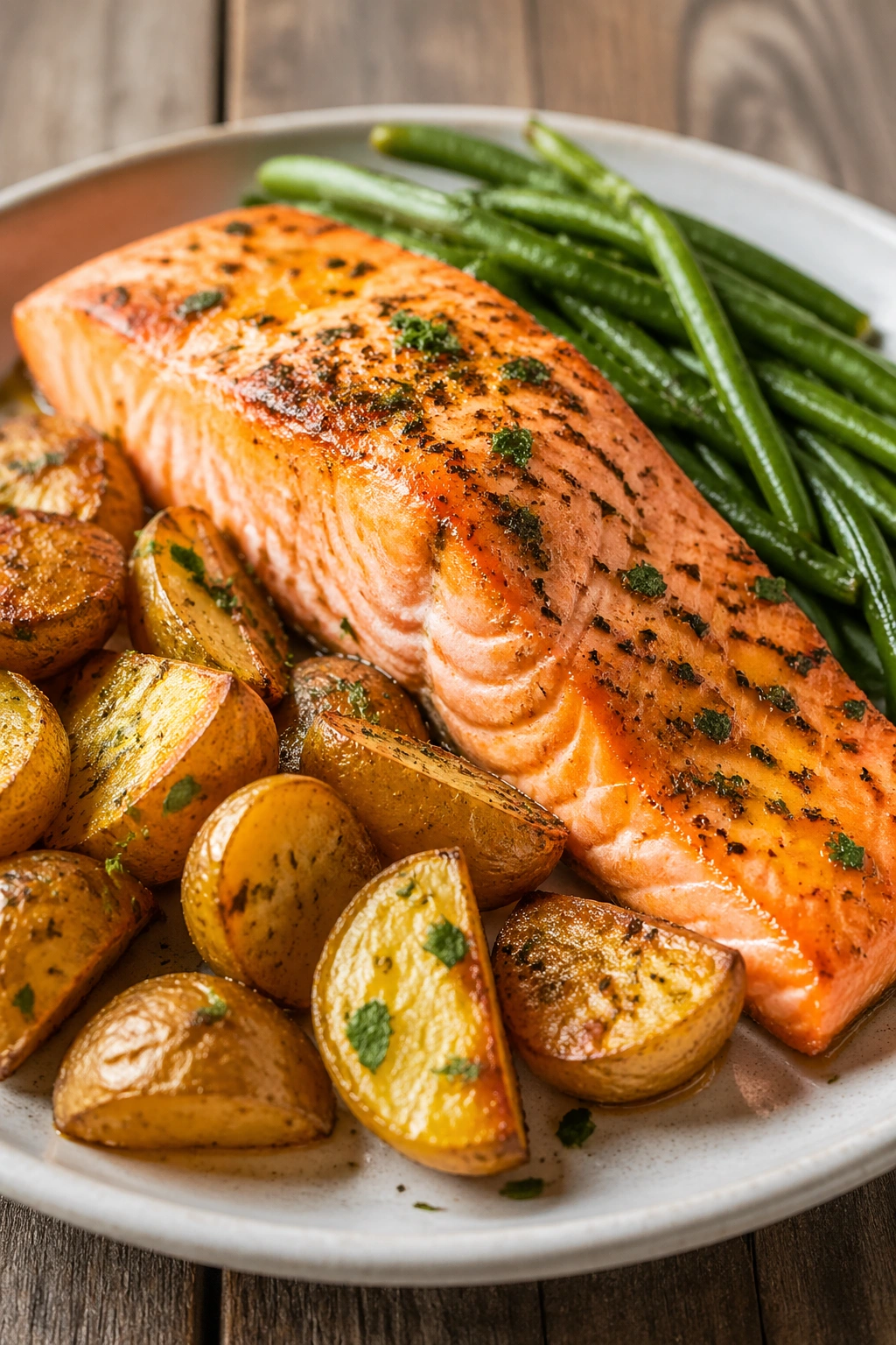 Salmon fillet with roasted potatoes and greens on a plate.