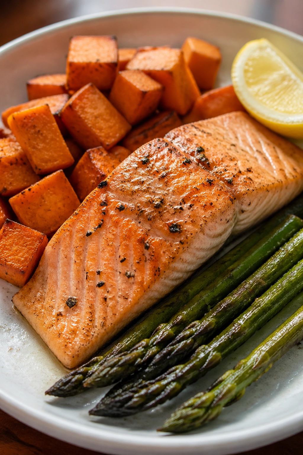 Plate of salmon with sweet potato and asparagus for recovery meal