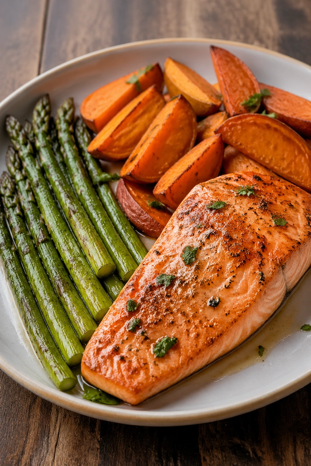 Salmon with sweet potato and asparagus on a plate in warm kitchen lighting