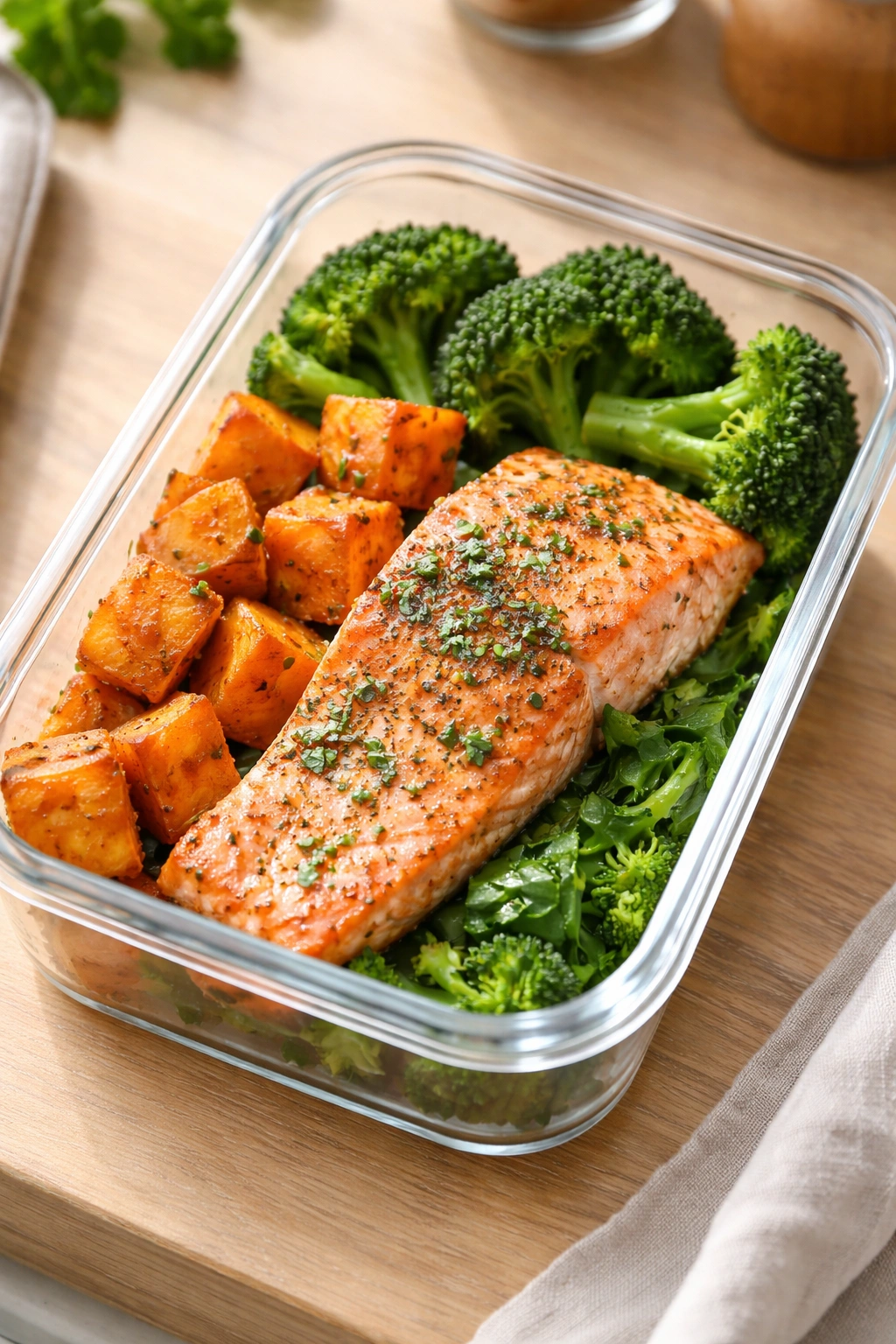 Close-up of salmon sweet potato meal prep box with salmon and potatoes