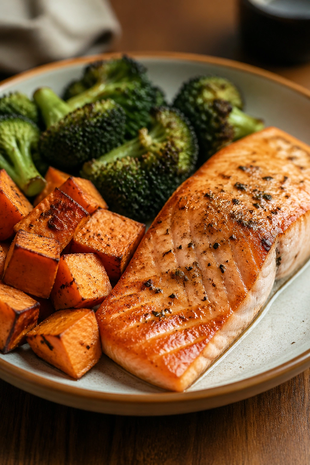 Plated salmon with roasted sweet potato and broccoli