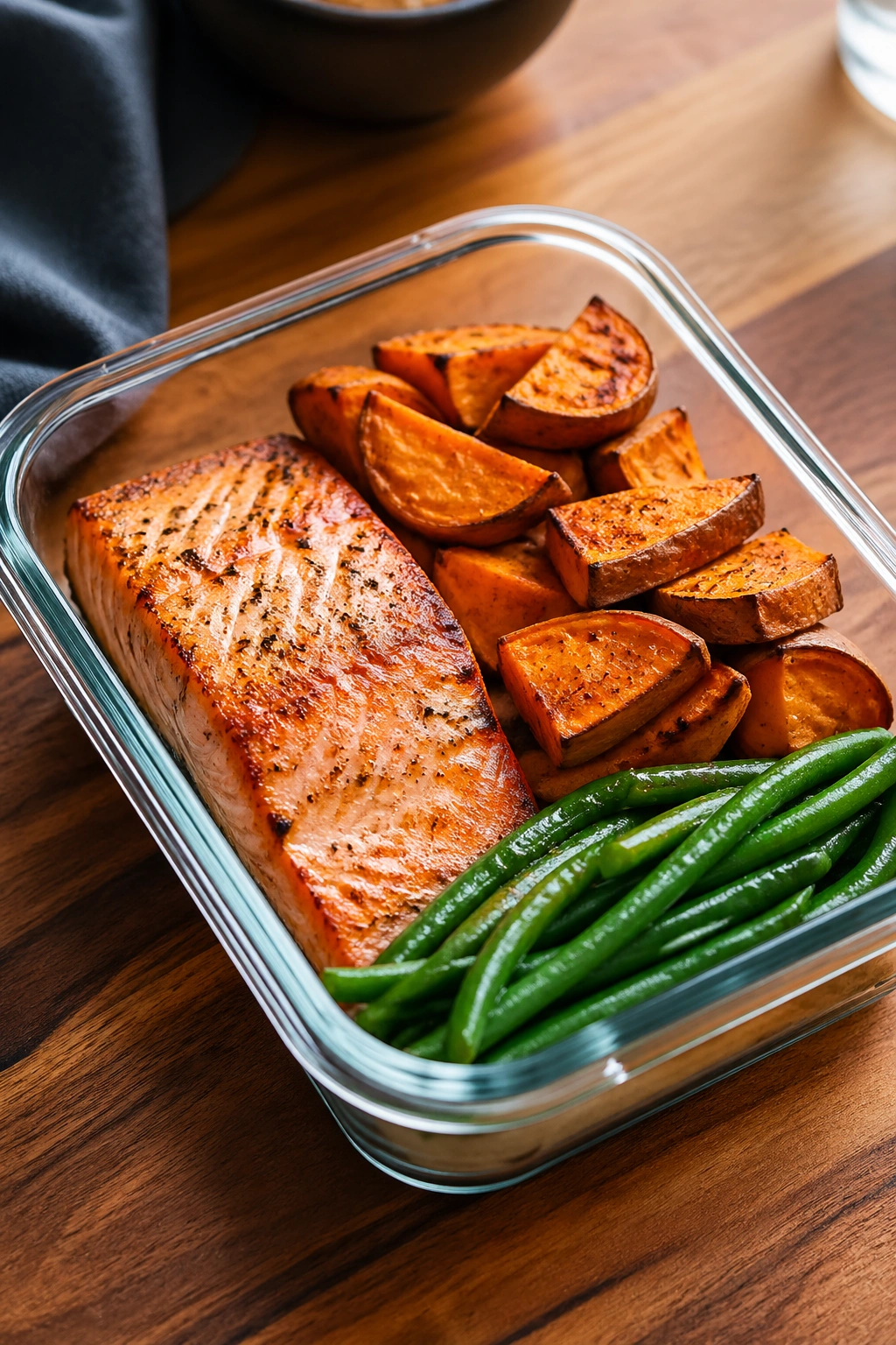Glass meal-prep box with salmon, sweet potato, and green beans on wooden table