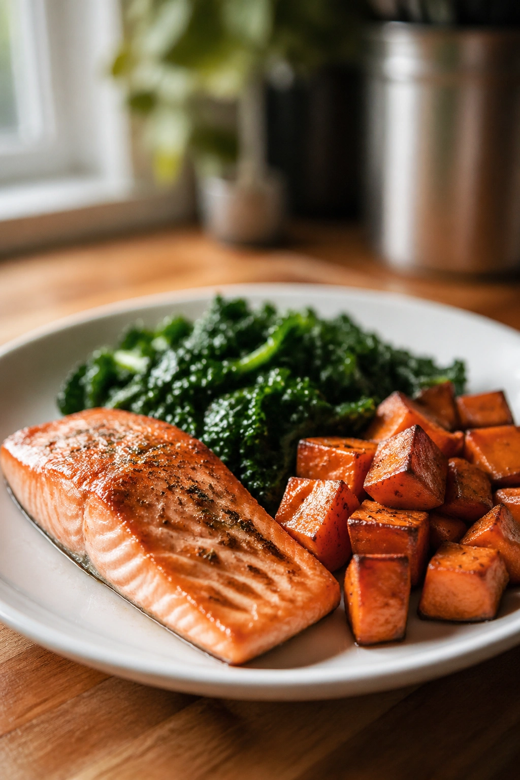 Close-up plate with salmon, sweet potatoes, and greens in a warm kitchen