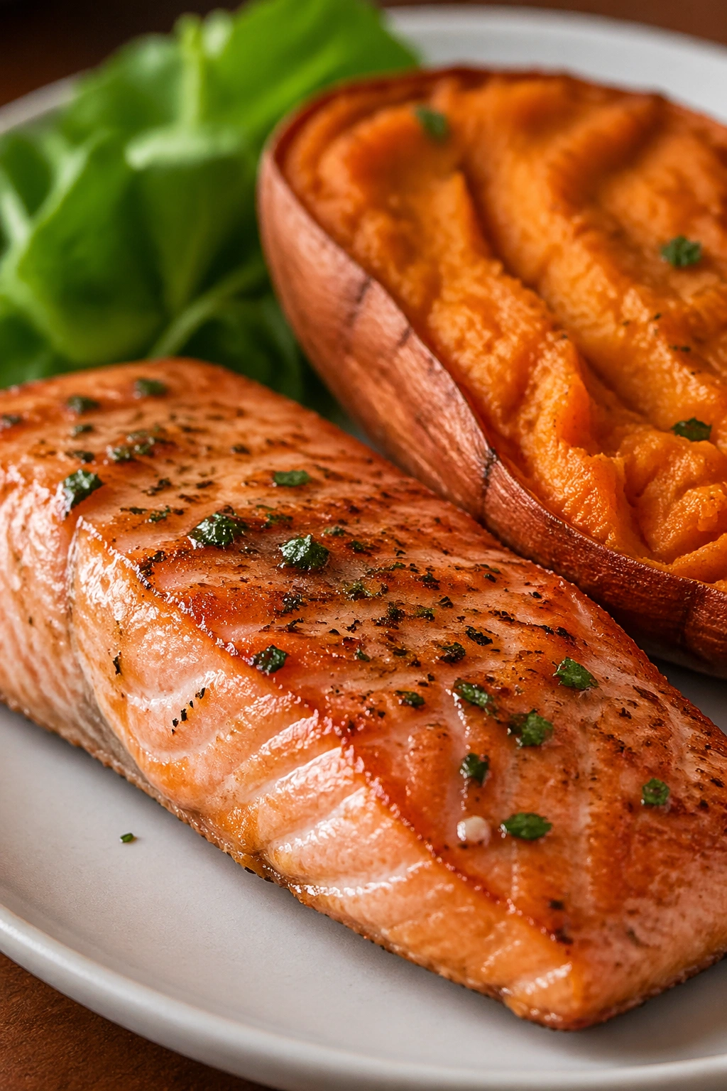 Salmon fillet with a side of sweet potato on a plate