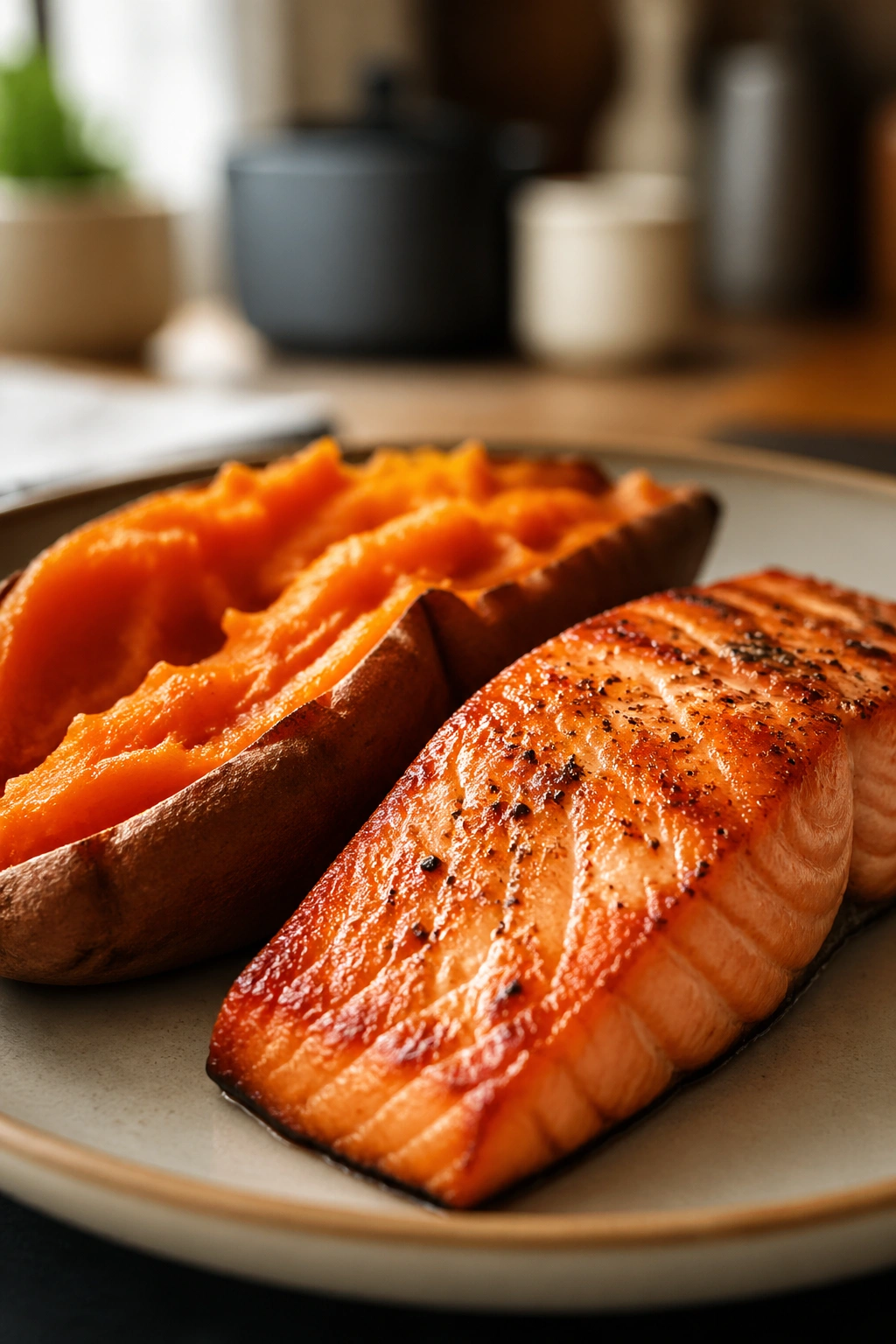 Close-up of salmon fillet with roasted sweet potato on a plate in a warm kitchen