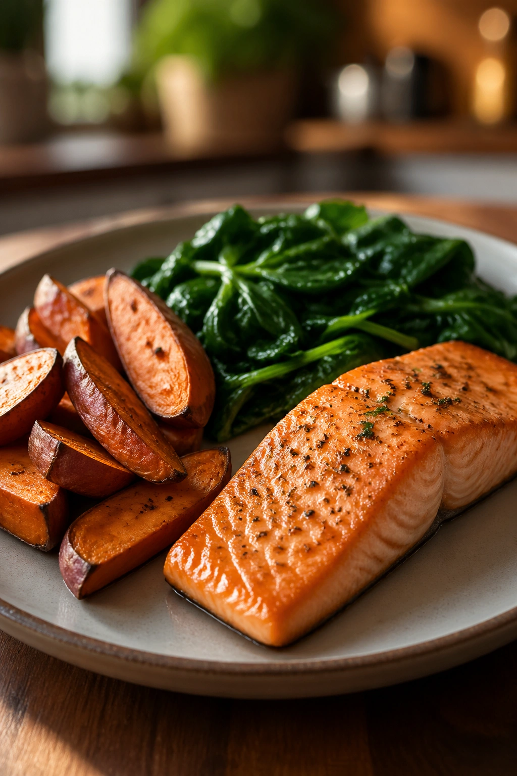 Salmon with sweet potato and spinach on plate