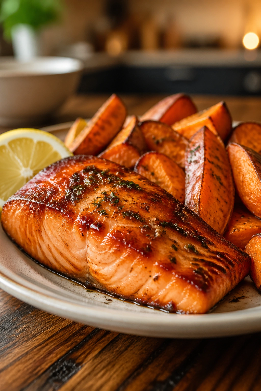 Salmon with roasted sweet potatoes, recovery meal after leg day.