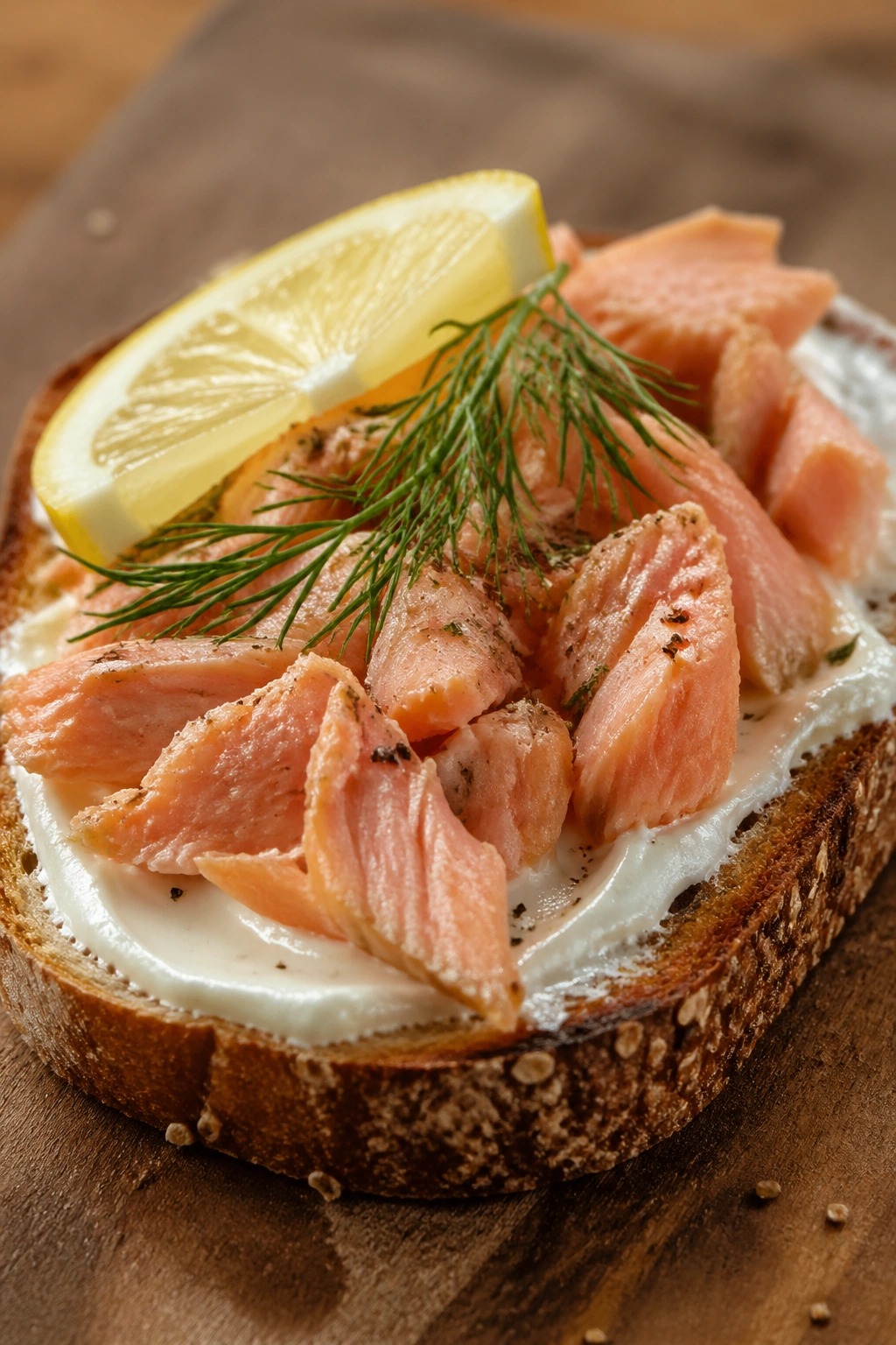 Salmon toast with lemon and dill on toast