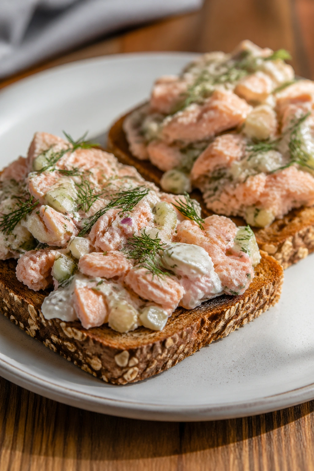 Salmon salad on whole-grain toast close-up