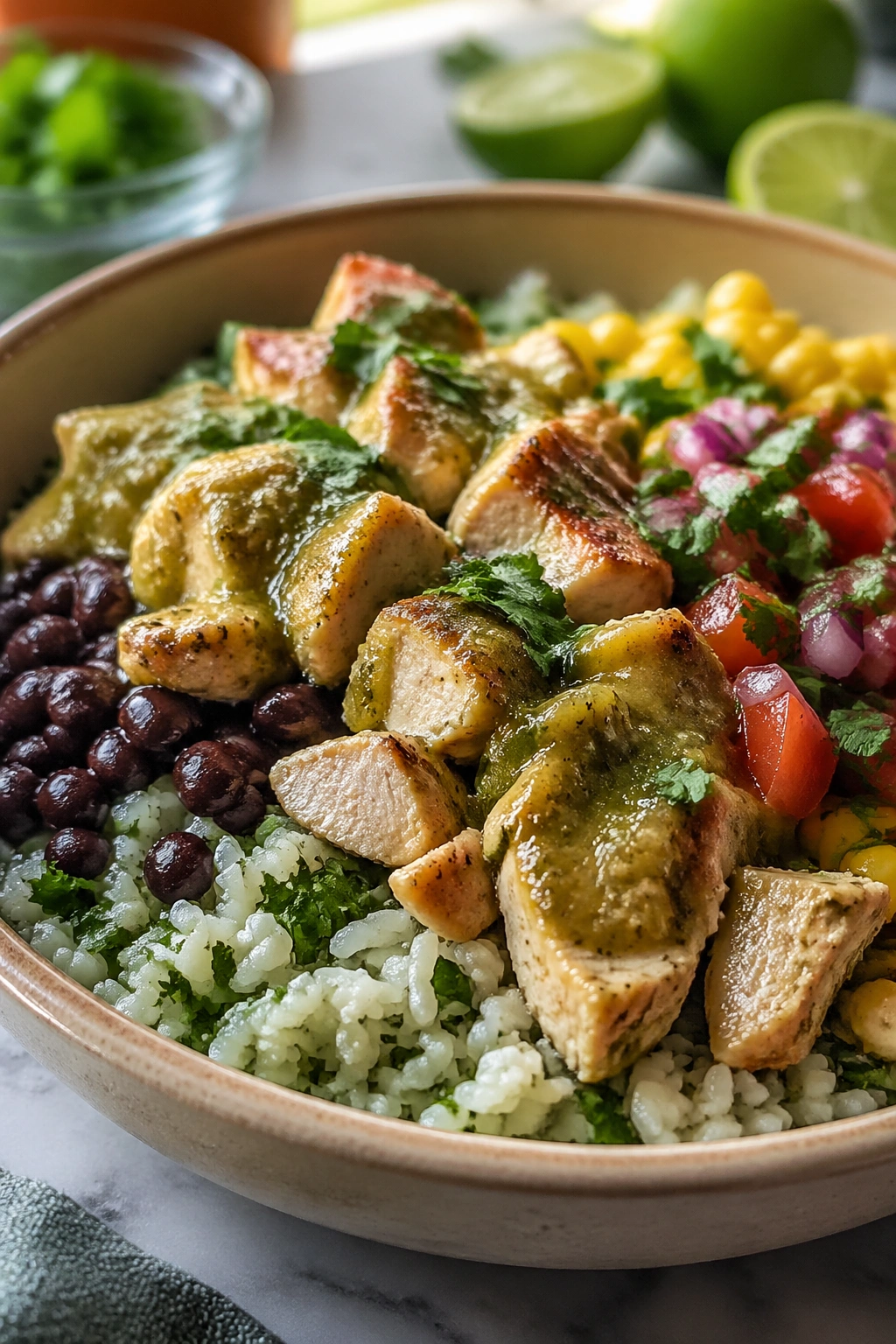 Close-up of salsa verde chicken burrito bowl with rice, beans, corn and chicken