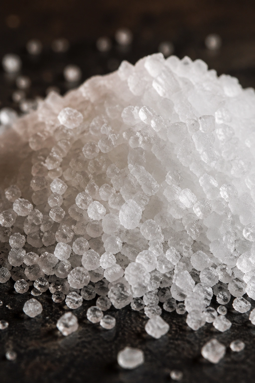Macro shot of salt crystals on a dark surface