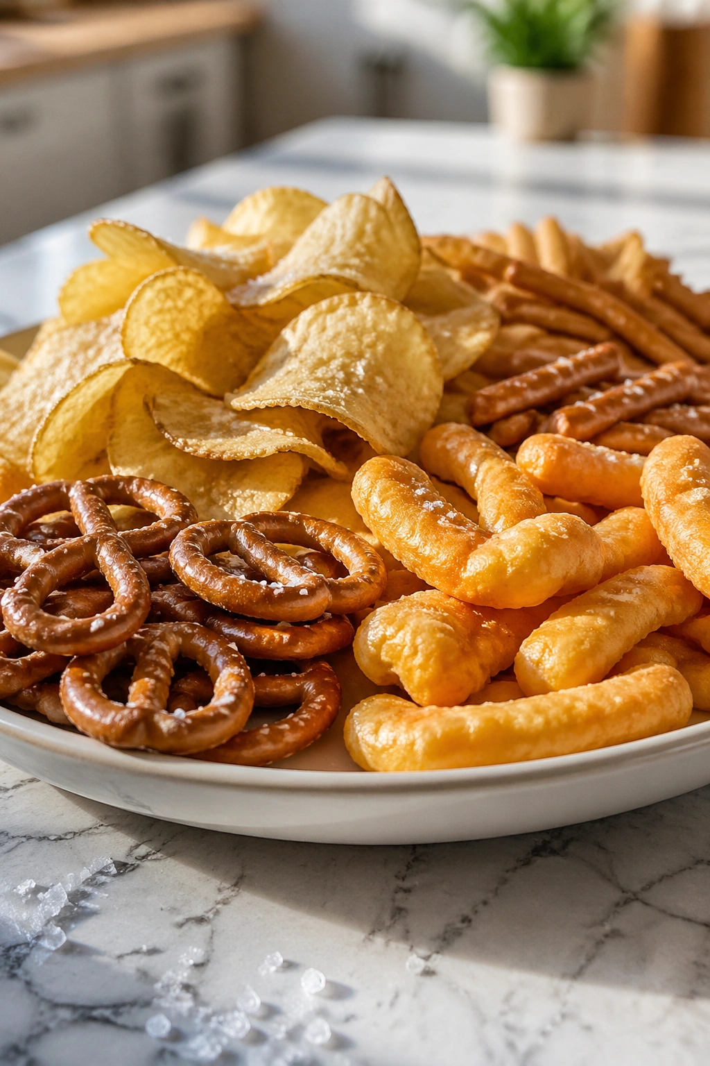 Plate of salted crunchy snacks with visible salt crystals
