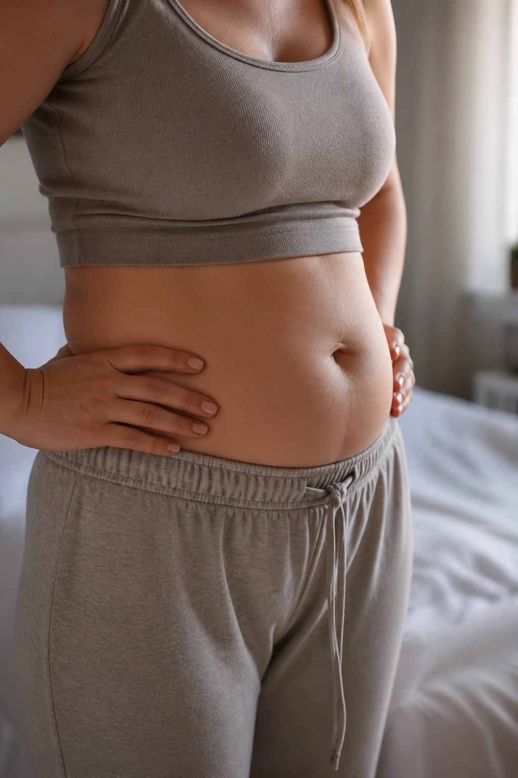 Close-up of a woman's midsection showing subtle bloating from salt and water retention