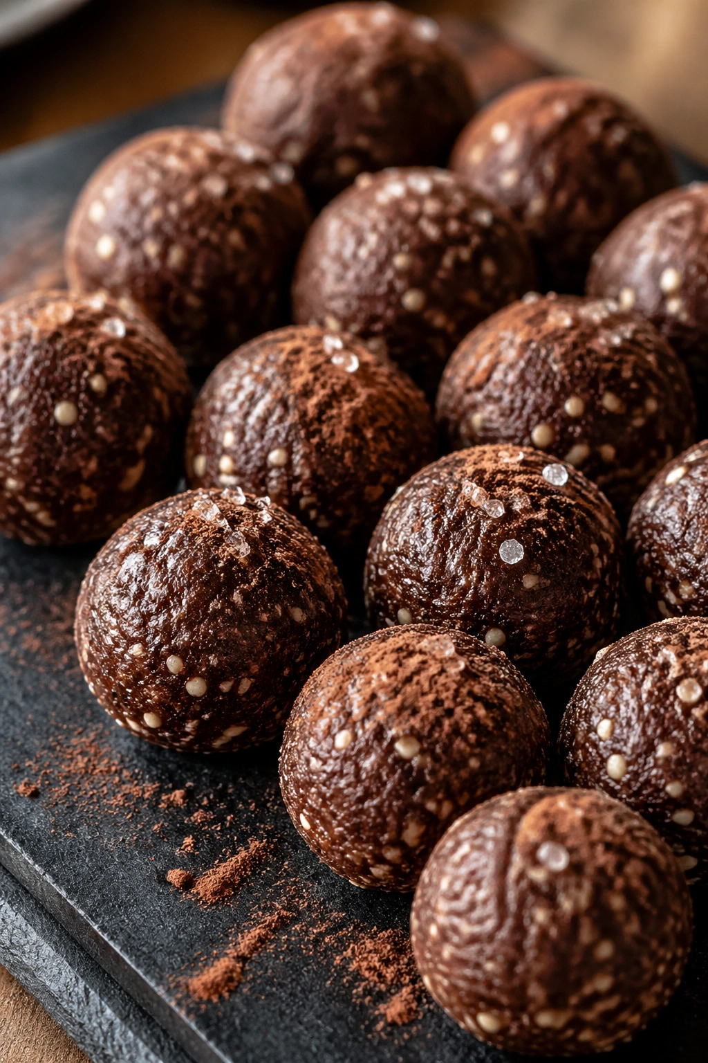 Close-up of Salted Brownie Sunflower Seed Protein Balls on slate board