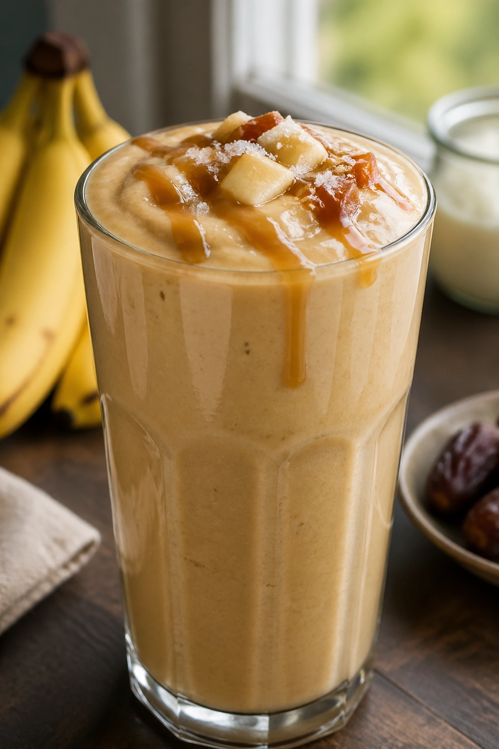 Close-up of a glass of Salted Caramel Banana Shake in a warm kitchen