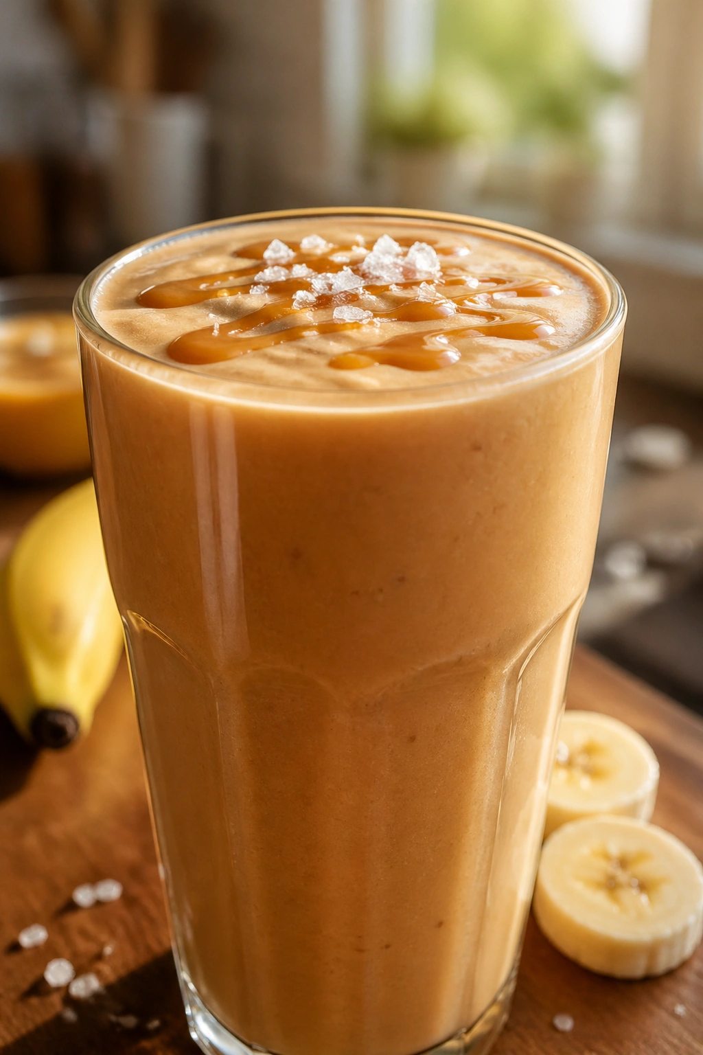 Thick salted caramel banana protein smoothie in glass with salt crystals on top