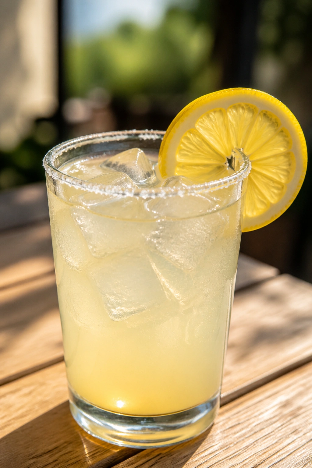 Close-up of a pale lemon-yellow Salted Lemon Refresher glass with ice on a wooden table.