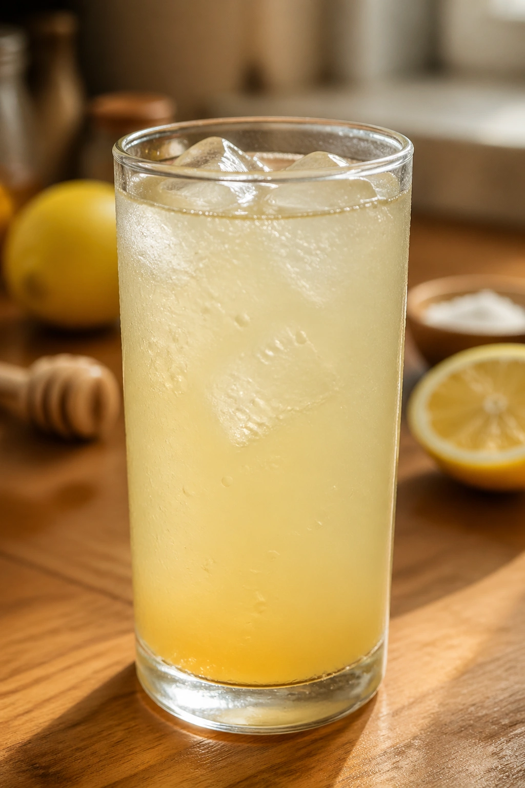 Close-up of salted maple lemonade in a glass with ice and condensation in sunlit kitchen.