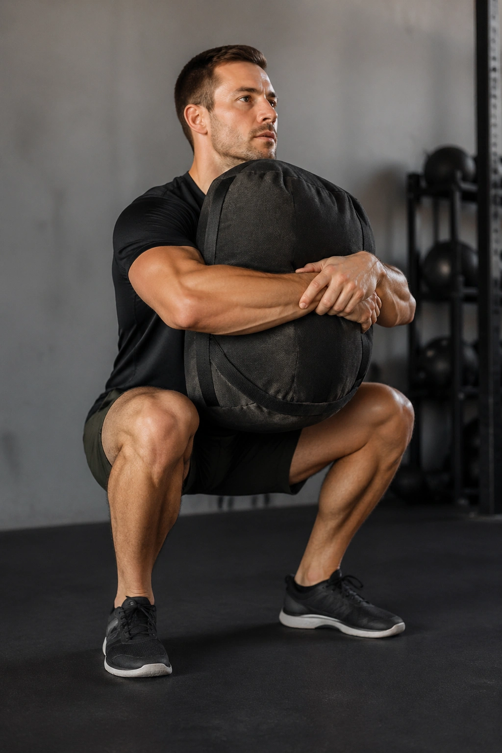 Person doing front-loaded squat with sandbag in a gym