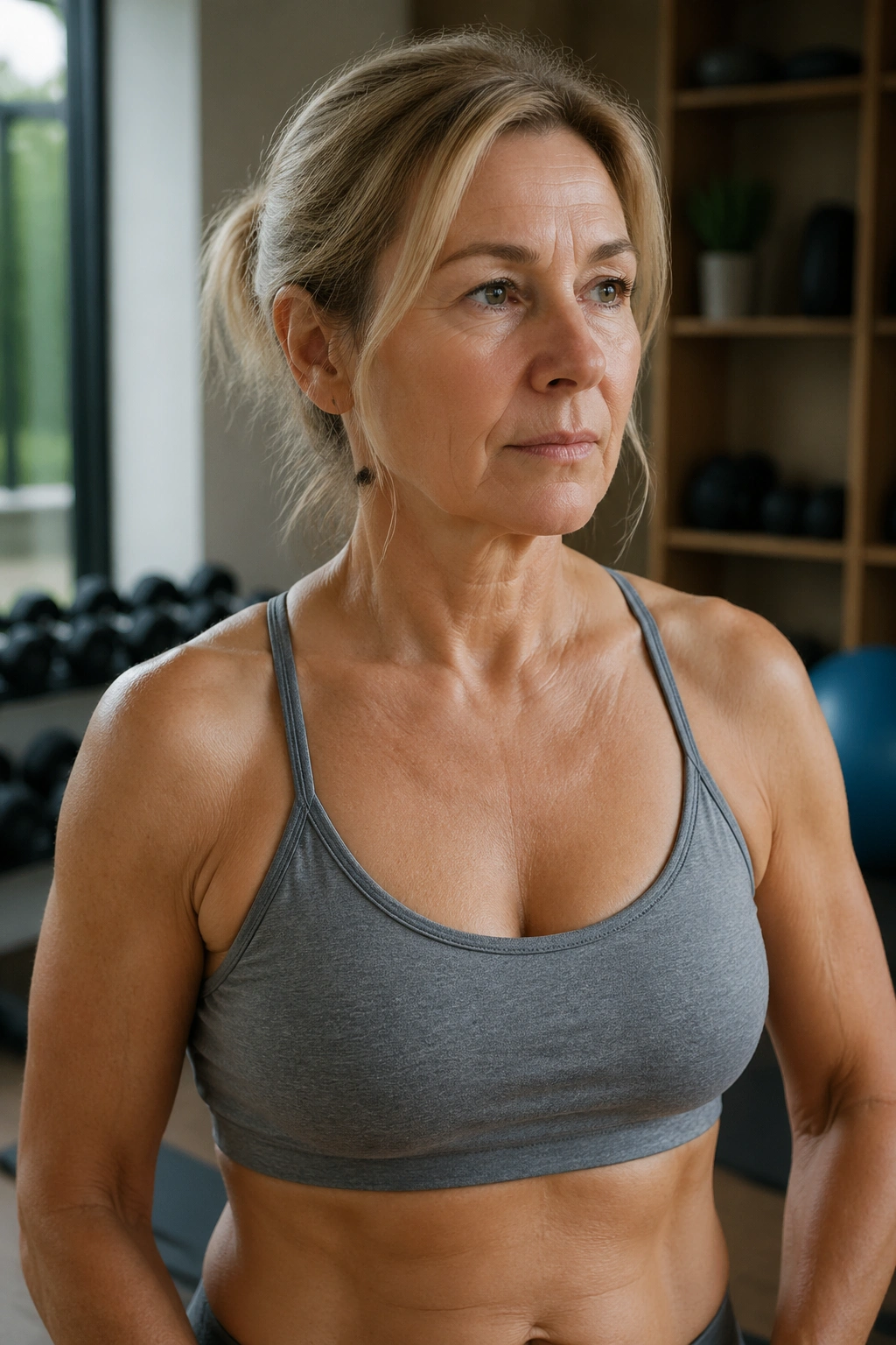 Medium close-up of a real woman's torso showing reduced muscle tone due to aging