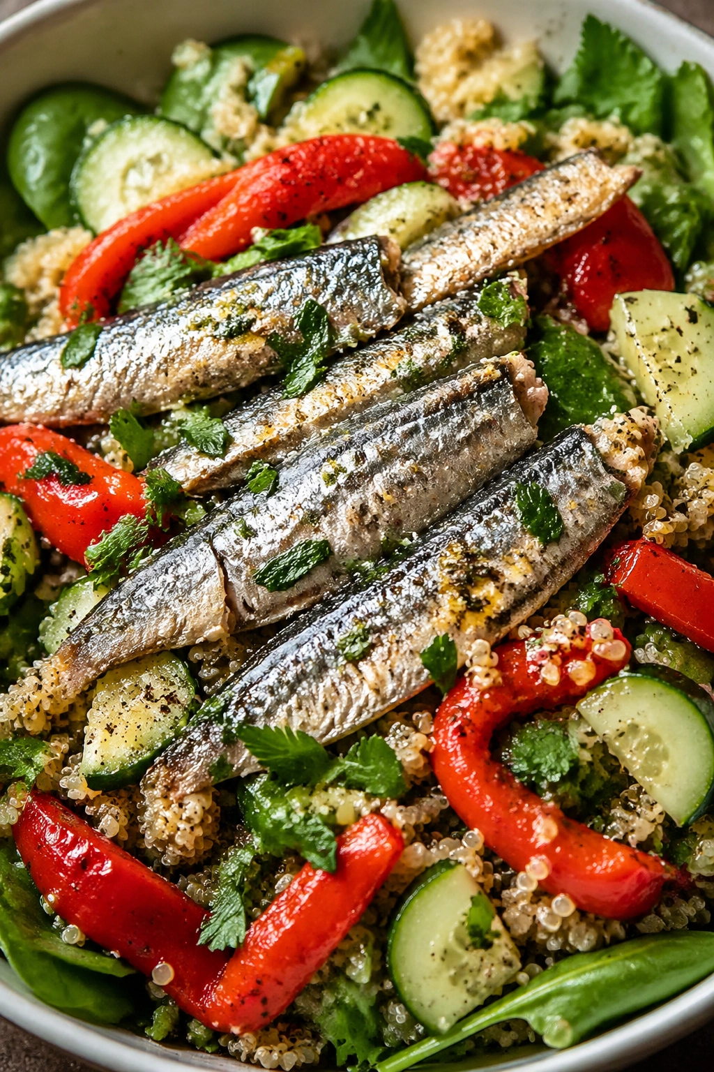 Close-up of Sardine, Roasted Pepper, and Quinoa Salad showing sardines on quinoa with spinach, peppers, and cucumber