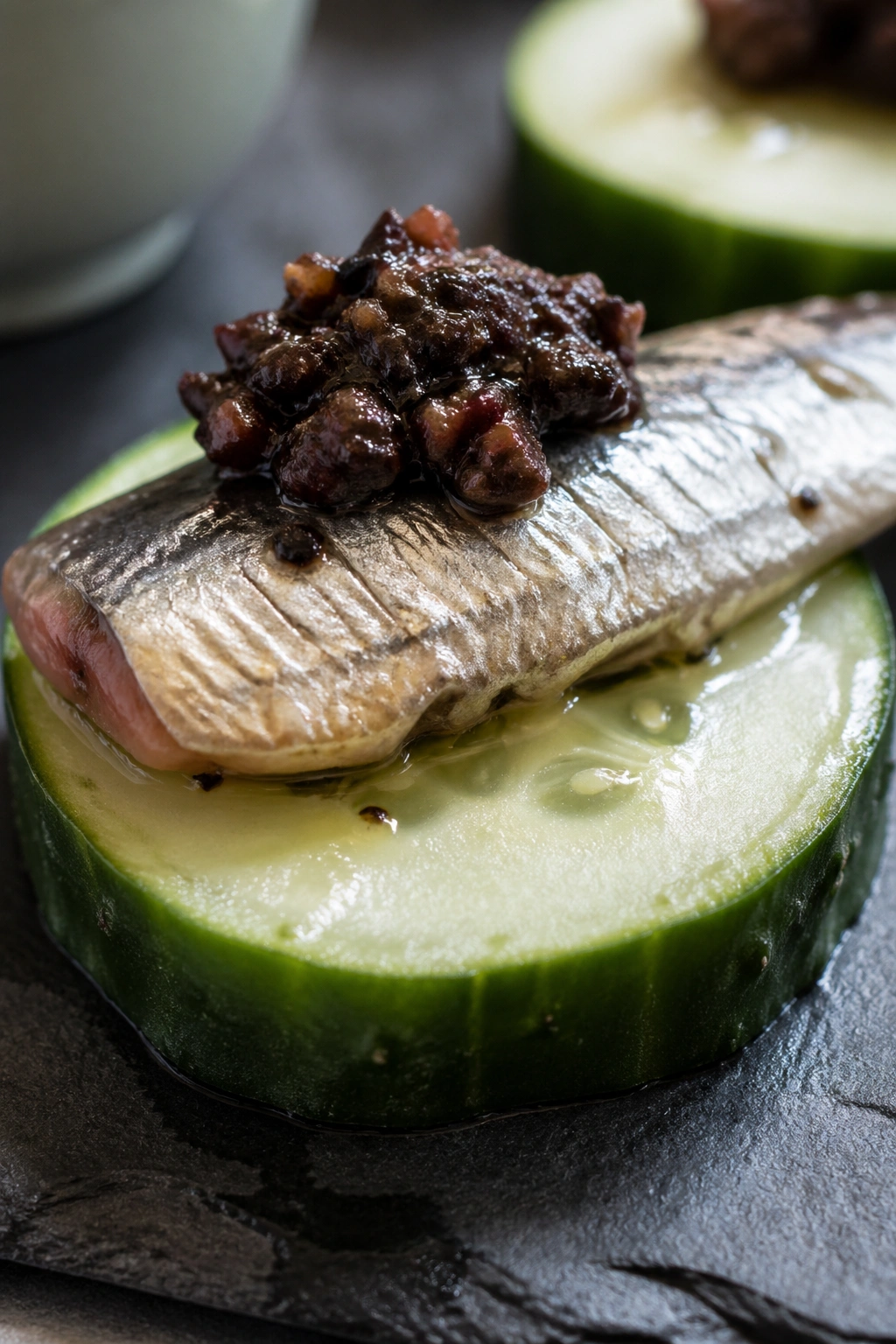 Close-up of sardines on cucumber with olive tapenade