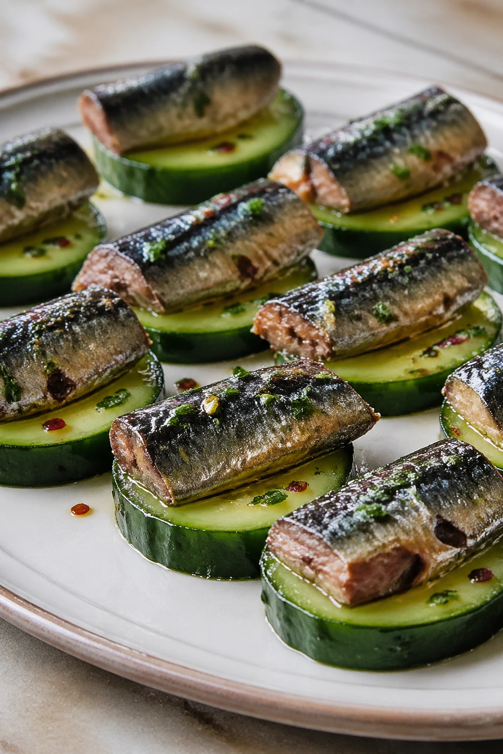 Close-up of sardines on cucumber rounds