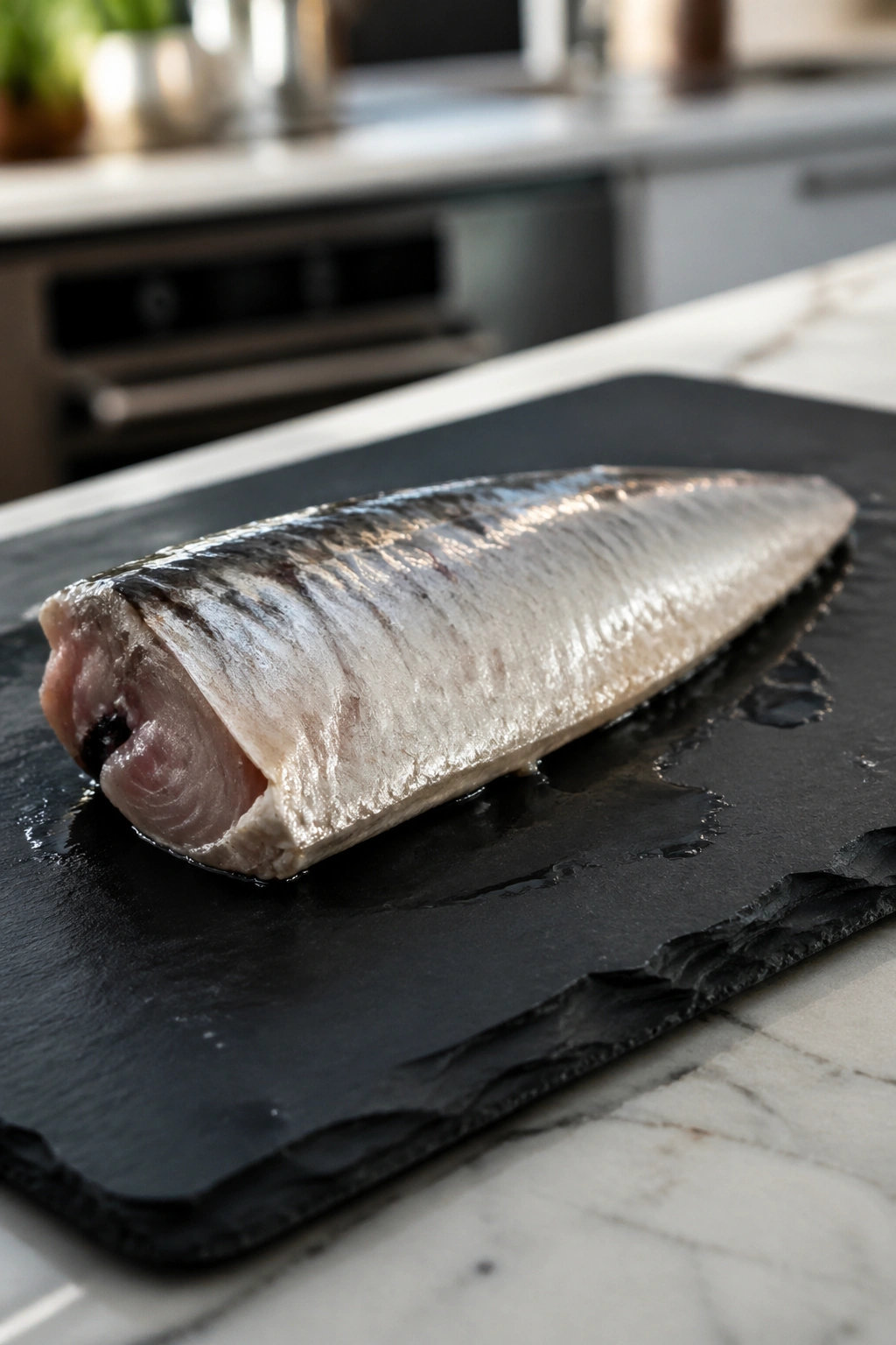 Close-up of a sardine fillet on a dark slate plate