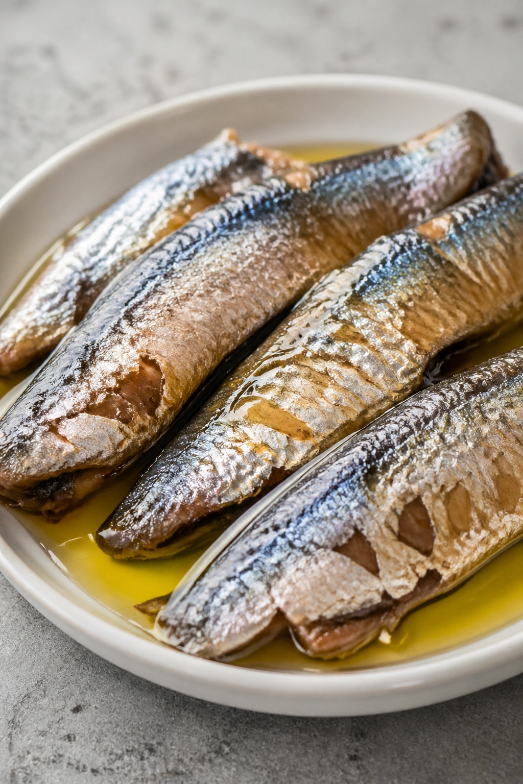Close-up of sardines on a plate with olive oil glaze