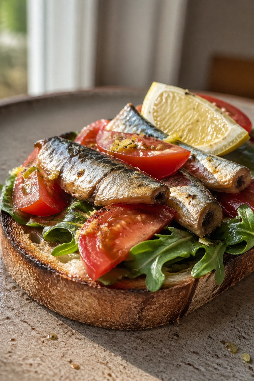 Sardines on sourdough with tomato and lemon open-faced sandwich