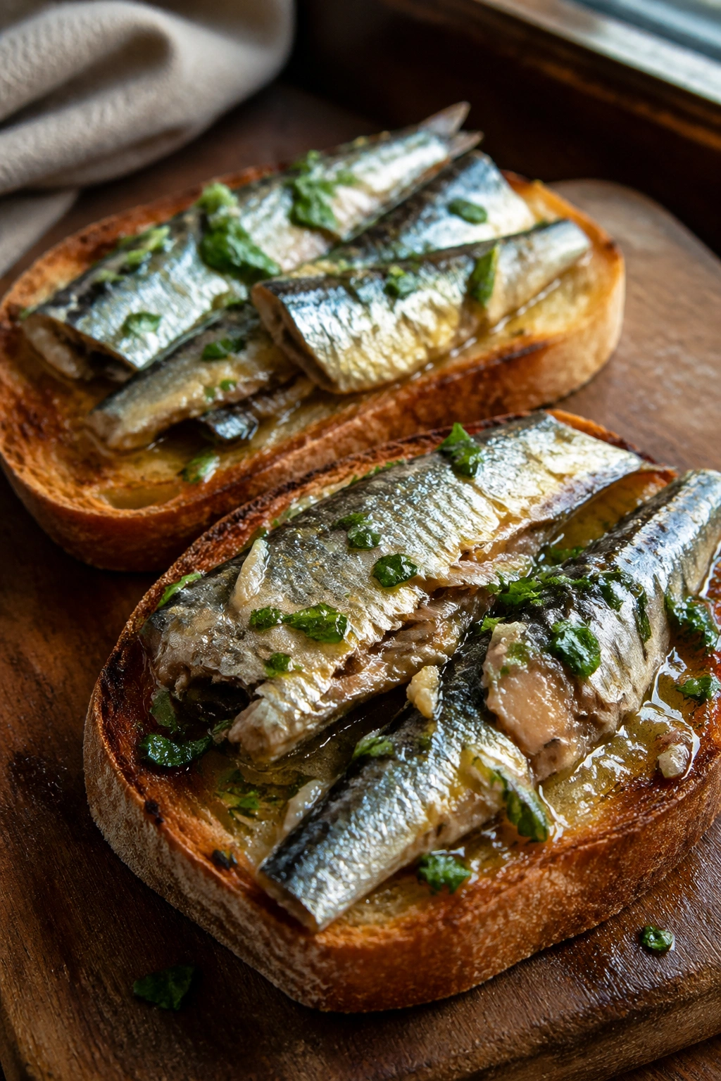 Close-up of sardines on toast with herbs on a rustic kitchen counter