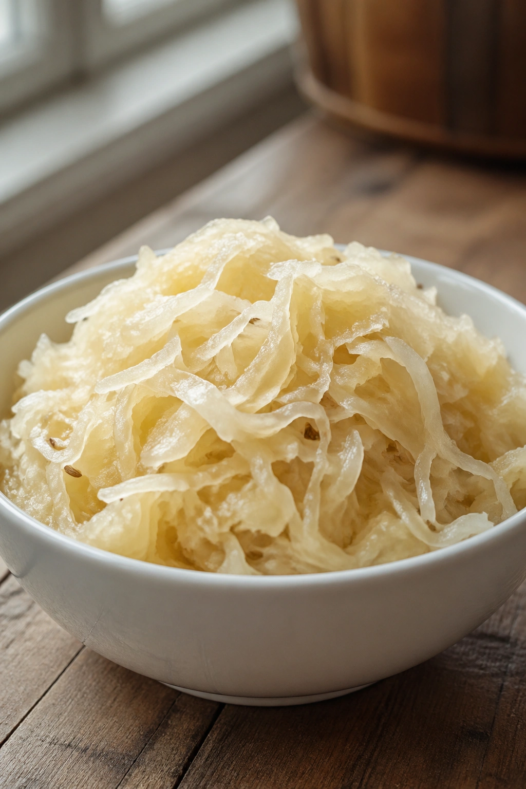 Close-up of sauerkraut piled in a white bowl on a wooden table.