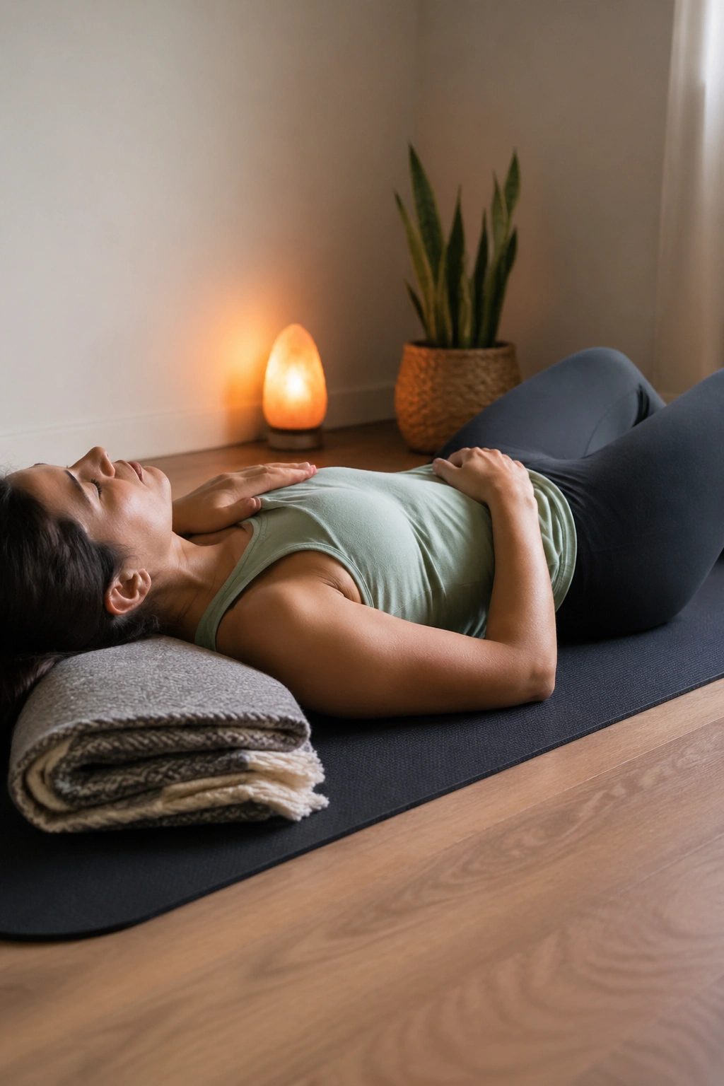 Real person in savasana with hands on belly and chest practicing belly breathing on a mat.