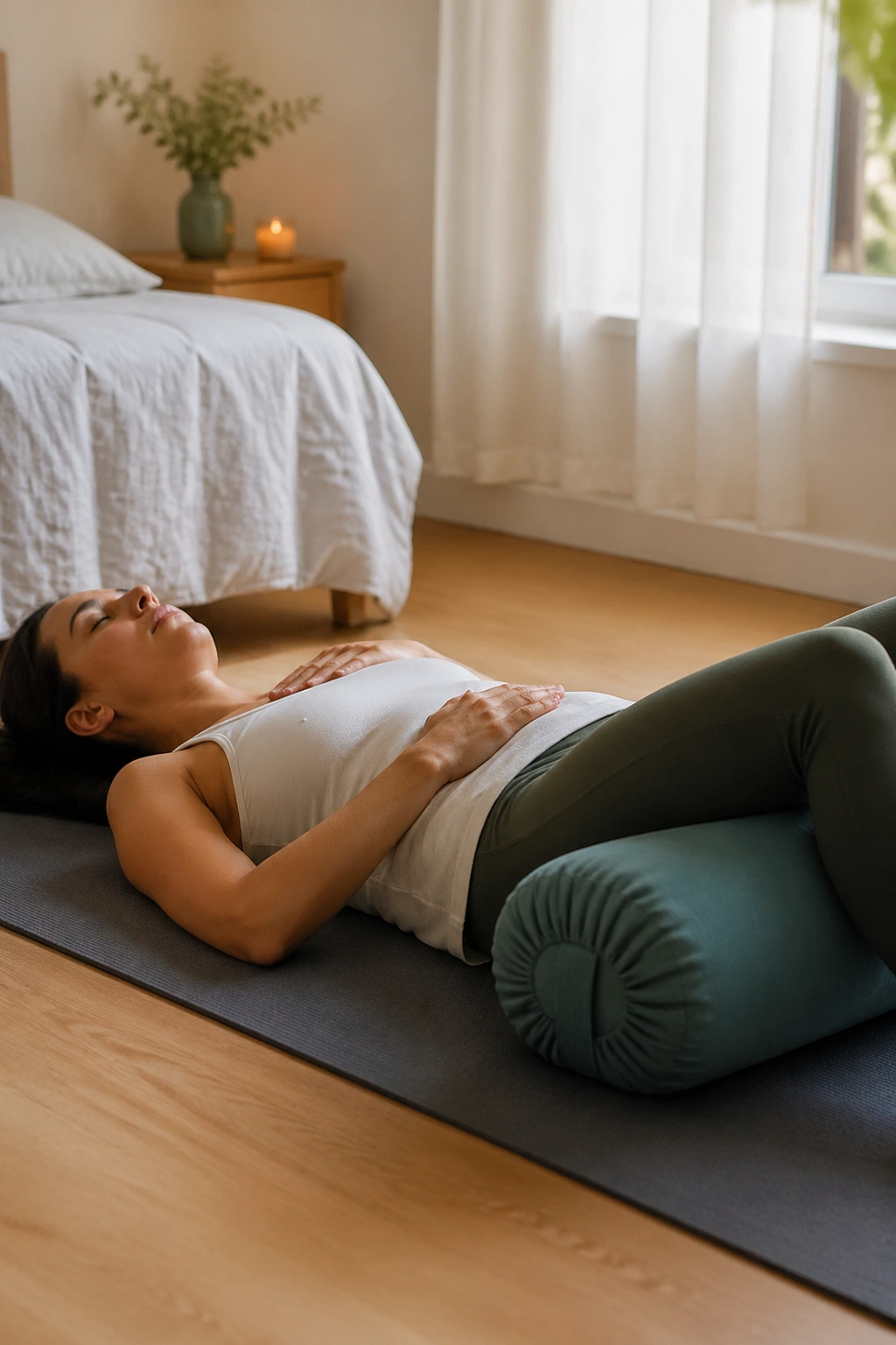 Real person resting in savasana with a bolster under the knees in a cozy bedroom