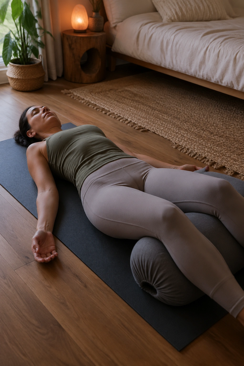 Close-up of a real person in savasana with a knee bolster in a serene bedroom